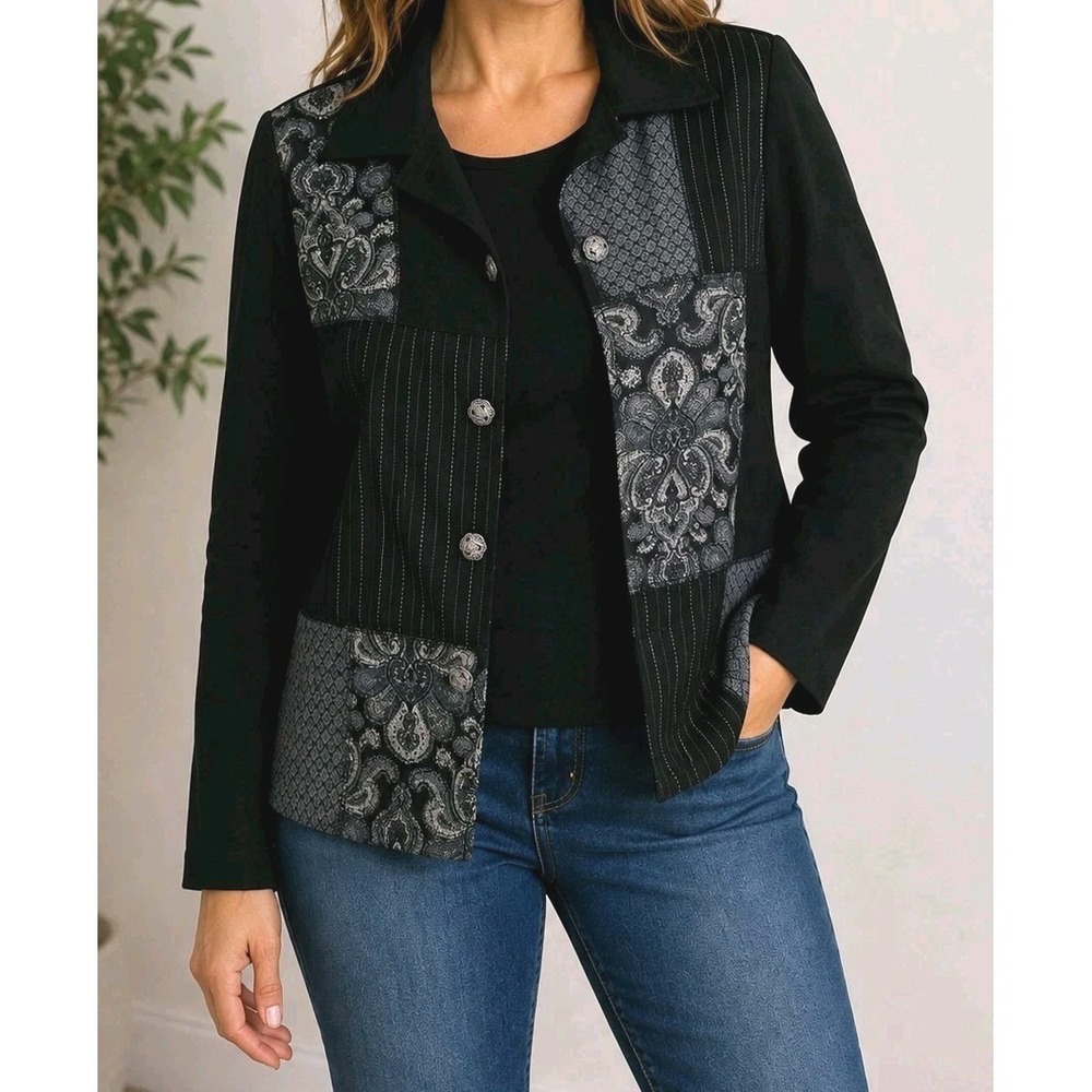 Elementz Womens Medium Black Gray Patchwork Paisley Button Front Jacket‎ Blazer